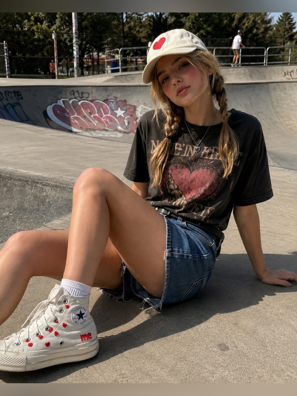 Converse White High-Top Sneakers with Red Heart Details
